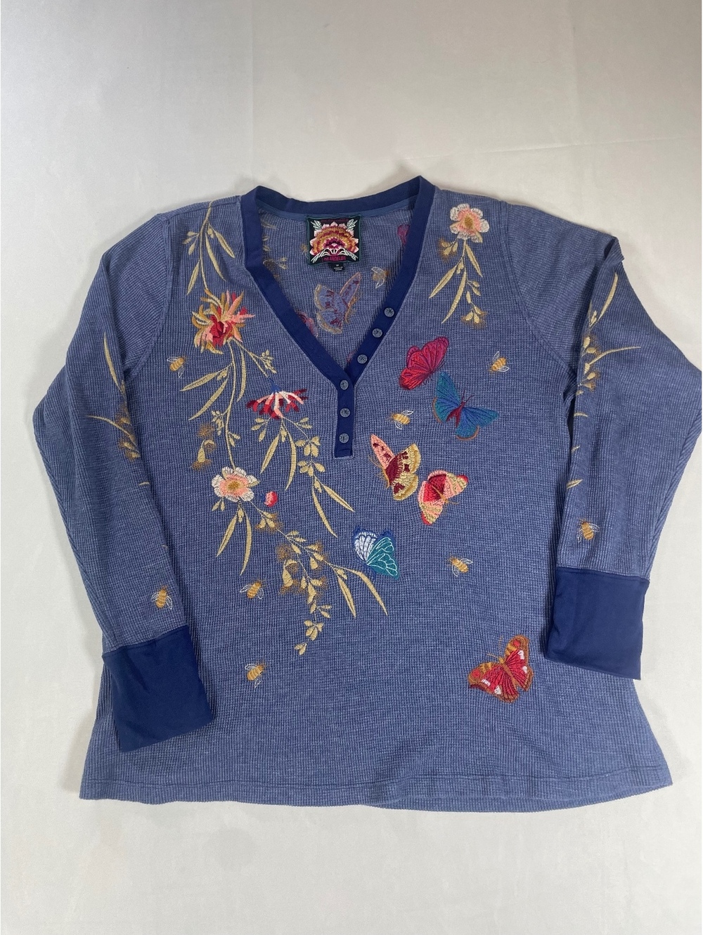 Johnny Was Womens Blue Embroidered Butterfly Henley Thermal Top Size M